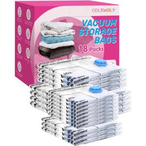 Colemoly Vacuum Storage Bags 18 Pack Vacuum Seal Bags Without Electric Pump Space Saver Storage Bags for travel, Storage and Organization (4 Jumbo/ 4 Large/ 3 Medium/ 3 Small/ 4 Roll Up) (Combo)