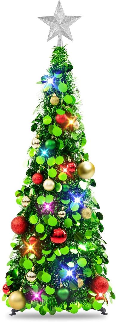 N&T NIETING Pop Up Christmas Tree with Lights, Collapsible Tinsel Xmas Tree Decorations, Pencil Christmas Tree Skinny Tree for Holiday Xmas Home Office Decor, 25 Balls, 3Ft, Silver