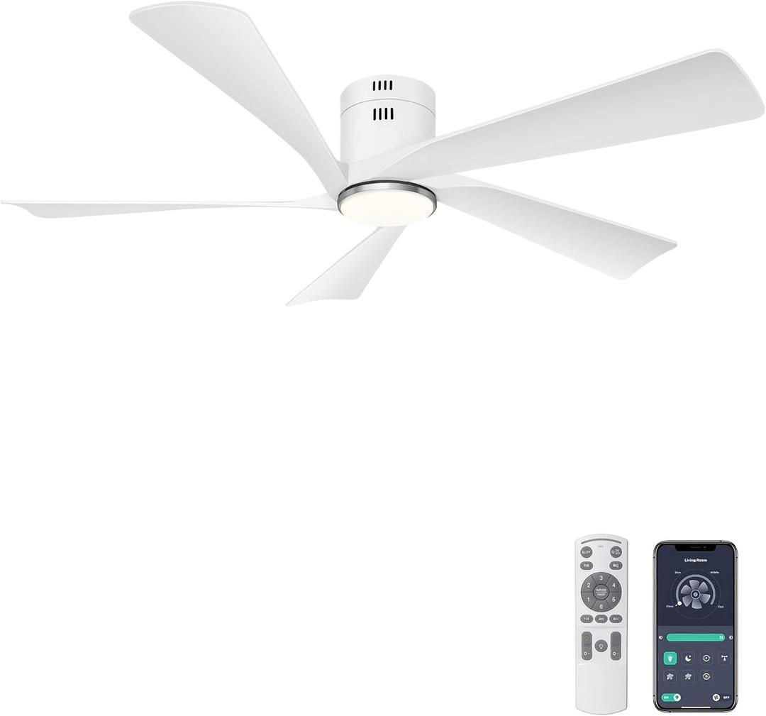 Ohniyou 52 Flush Mount Ceiling Fan with Lights, Remote & APP Control Low Profile Indoor Outdoor Ceiling Fans, Dimmable, Quiet DC Motor, Reversible, White