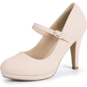 IDIFU IN4 Mary Jane Shoes Platform Closed Toe Heels High Stiletto Round Toe Women's Pumps Comfortable Dress Shoes for Women Wedding Prom Office Bridal Formal Bridesmaid Trendy Pumps Shoes (7.5, Nude Nubuck)
