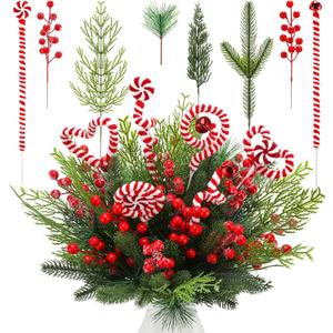 82 PCS Christmas Artificial Pine Branches Decorations Set, Red Berry Stems Pine Branches Frosted Greenery Candy Cane Floral Picks for DIY Craft Tree Wreath Garland Centerpiece