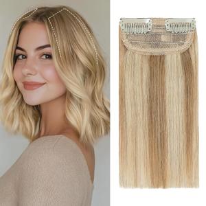 S-noilite Short Hair Clip in Extensions Human Hair 2PCS 2 Clips Balayage Clip in Hairpieces For Women with Thinning Hair Add Volume 24g 8Inch-Golden Brown/Bleach Blonde