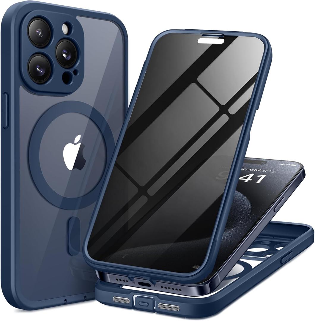 TIESZEN for iPhone 15 Pro Case, Compatible with MagSafe, Built-in Privacy Screen Protector and Camera Protection, Anti Spy Full Body Dustproof Shockproof Hard Phone Case 6.1", Dark Blue
