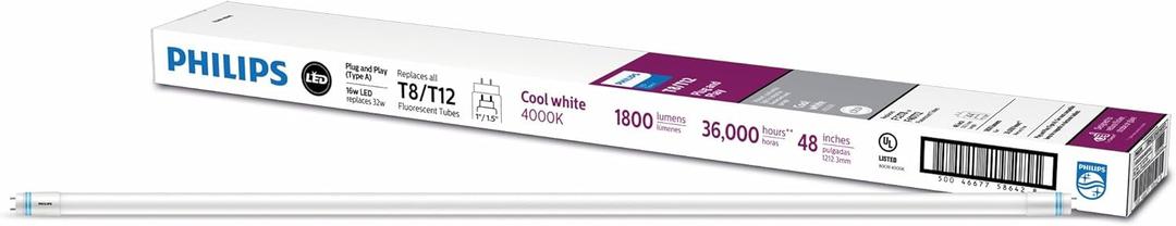 Philips Plug and Play 32W Equivalent 48 in. Cool White Type A T8/T12 LED Tube Light Bulb (10-Pack)