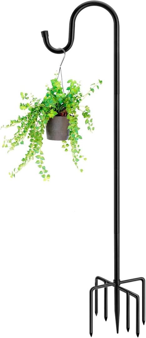 60" Shepherds Hooks for Outdoor, Heavy Duty Bird Feeder Pole for Hanging Lantern, Hummingbird Feeder, 7 Prongs Base Shepherds Hook for Bird Feeders Outside,1 Pack, Black