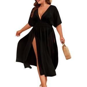 SWOMOG Women Plus Size Swimsuit Cover Up Bikini Bathing Suit Sexy Deep V Neck Swim Beach Dresses Summer Beachwear (Black, Plus Size 26W)