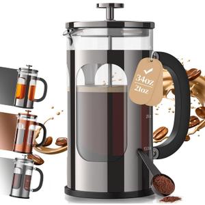 Veken French Press Coffee Maker 34oz, No Plastic Touching Cafe,Thickened Glass Stainless Steel Brewer, Cold Brew Cafetera Tea pot for Kitchen Travel Camping, Gifts, Decor, Bar Accessories, Dark Pewter