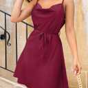 Women's Satin Mini Dress Spaghetti Strap Sleeveless Cowl Neck Tie Waist Silky Cocktail Party Short Dresses (Red, S)