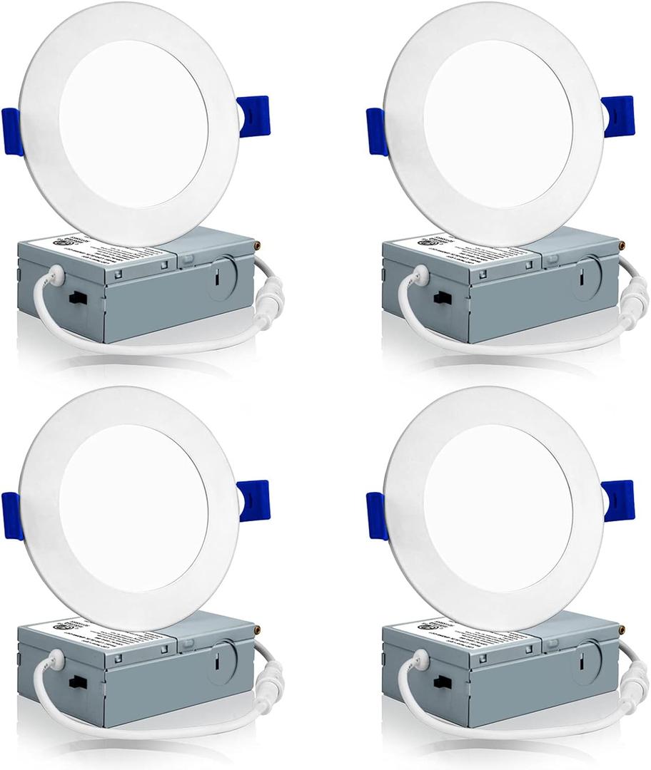 Meconard 4 Pack 4 Inch LED Recessed Ceiling Light with Junction Box, 3000K/4000K/5000K Selectable, 9W=75W 750LM, Dimmable Canless Downlights, ETL and Energy Star Listed