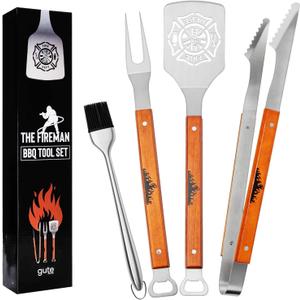 Firefighter Gifts for Men - Large BBQ Grilling Set, 4-Piece Heavy Duty Stainless Steel Tools with Bottle Opener - Fireman, Fire Department, First Responder Flag Gift