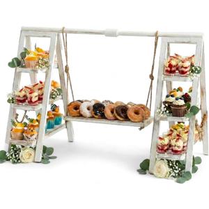 Wooden 3 Tier Swing Cupcake Stand with Serving Platter Foldable Ladder Stand Dessert Display Snack Fruit Cake Bread Centerpieces for Party, Birthday, Wedding, Baby Shower(Rustic White)