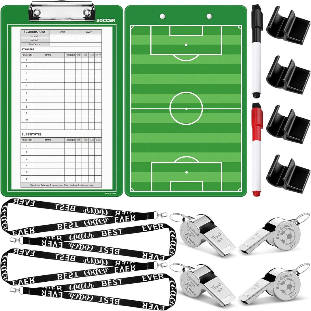 Soulchen 4 Set Soccer Coach Gift Coach Clipboards Whistles with Lanyard Dry Erase Soccer Tactic Board Sports Whistles Thank You Coaching Gifts for Men Women