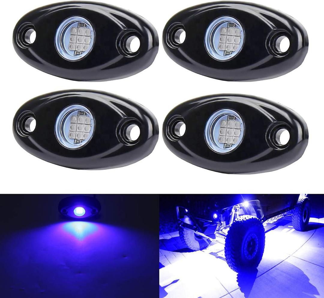 Blue LED Rock Lights, 4 Pods Neon 12V Waterproof Underglow Underbody Kit Crawler Crawling Dome Exterior Wheel Lights for ATV RZR UTV SUV Off-Road Auto Boat Motorcycle Glow Trail Rig Fender Lamp