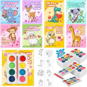 Saypacck 24 Packs Watercolor Valentines Set Valentines Day Gifts Watercolor Paint Sets with Animal Cards for Prize Award Exchanges Gift Art Party Supplies