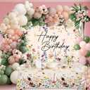 Spring Wildflower Party Decorations For Women,Happy Birthday Banner,Flower Birthday Decorations For Girls,Green Pink White Balloon Arch Kit,Cake toppers