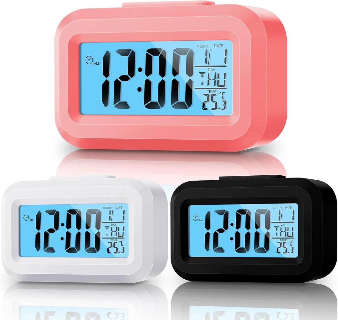 Highergo Digital Alarm Clock Large LCD Display, Simple Operation, Snooze Back Light, Time Date Month, Temperature Multifunction Clock for Bedrooms Office Travel Heavy Sleepers(Classic Colors,3 Pack)