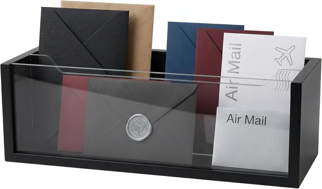 Mail Organizer with Clear Acrylic Dividers - Adjustable 2-in-1 Desk & Wall Mount Letter Holder, Modern Paper Sorter for Home Office Organization (Black)