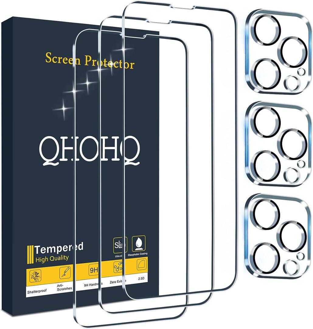 QHOHQ 3 Pack Screen Protector for iPhone 13 Pro Max 6.7" with 3 Pack Tempered Glass Camera Lens Protector, Ultra HD, 9H Hardness, Scratch Resistant, Easy Install - Case Friendly