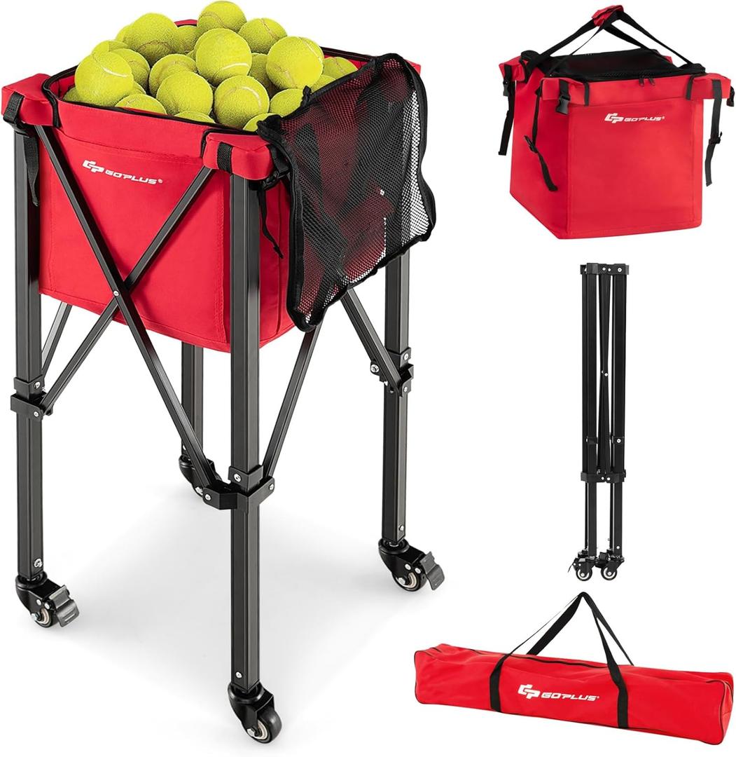 Goplus Foldable Tennis Ball Hopper, Lightweight Aluminum Tennis Ball Basket with Wheels, Removable Bag, Side Pockets, Carry Bag, Portable Sports Teaching Cart Holds 150 Tennis Balls (Red)