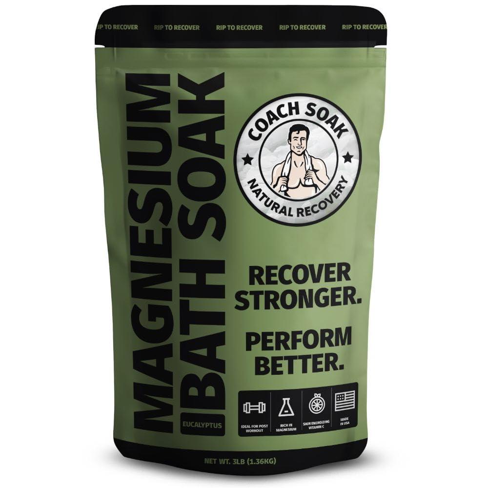 Coach Soak: Recovery Bath Soak  Rejuvenating Post Workout Natural Magnesium Flakes - 21 Minerals, Essential Oils & Dead Sea Bath Salts - Absorbs Faster Than Epsom Salts, 3lbs (Eucalyptus Tea Tree) (48 Ounce (Pack of 1))