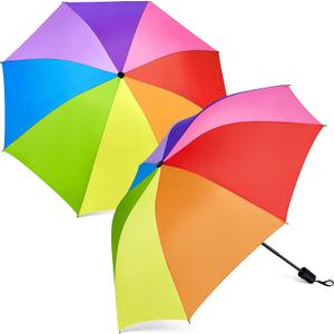 Amylove 2 Pieces 8 Rib Rainbow Umbrella Portable Compact Tri Folded Umbrella LGBT Pride Collapsible Kids Beach Rainbow Travel Parasol for rain sun Pride Month Wedding Party