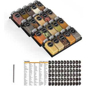 SpaceAid Spice Drawer Organizer with 20 Spice Jars, 386 Spice Labels, 4 Tier Seasoning Rack Tray Insert for Kitchen Drawers, 9-1/2" Wide x 17-1/2" Deep