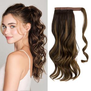 CJL HAIR 18" Long Ponytail Hair Extension Wrap Around Pony Tail Clip in Curly Wavy Synthetic Fake Hairpiece for Women Dark Brown/Golden Blonde