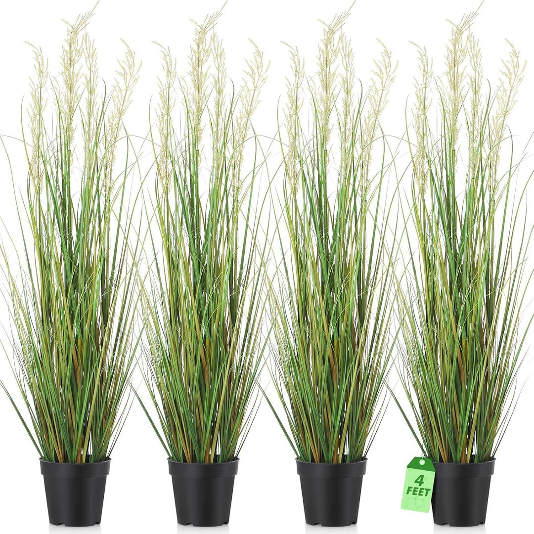 Jexine 4 Pcs 4 ft Tall Artificial Grass Plant Potted Artificial Greenery Floor Plants Faux Pampas Grass Tall in Pot for Housewarming Gift House Garden Bathroom Lobby Outdoor Decoration