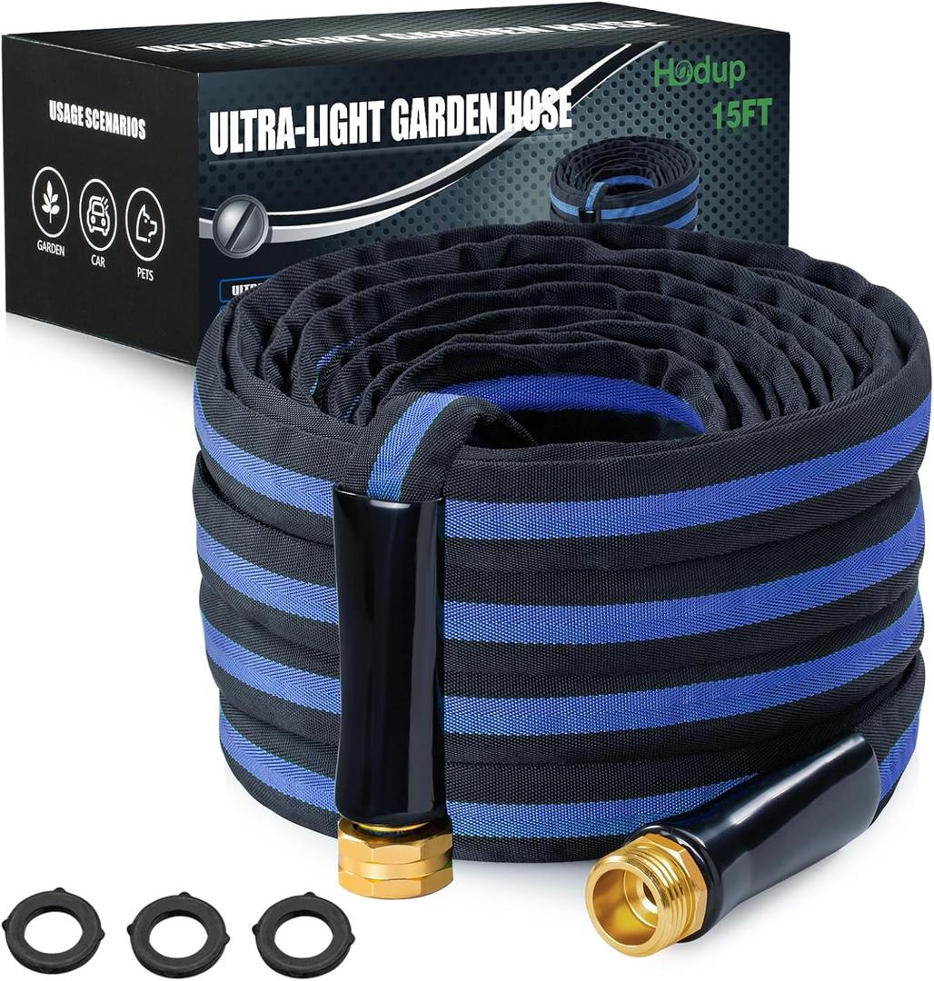 Ultra Lightweight 15FT Garden Hose - Heavy-Duty Kink-Free Flexible Hose, Non-Expanding Design with Aluminum Brass Fittings, Crush-Proof for Yard/Lawn/Outdoor Use (Black-Blue, 15 FT)