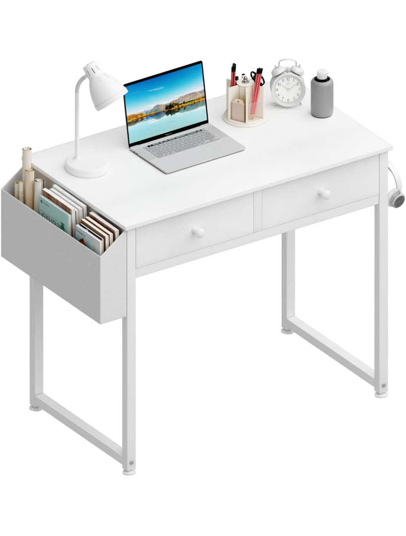 Lufeiya Small White Desk with Drawers - for Bedroom, 32 Inch Home Office Computer Desk with Fabric Storage Drawer and Bag, Study Writing Table for Small Spaces, White