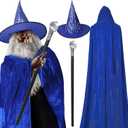 Hicarer 4 Pcs Halloween Wizard Costume Set Include Wizard Hat Cloak Wig Beard Wand Costume Accessories for Adults (Blue, Black, Gray)