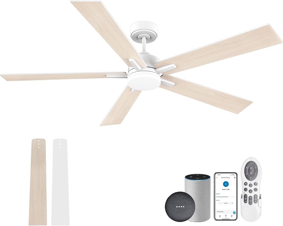 Lorpies 60 Smart Ceiling Fan with Lights Remote,Control via Alexa Google Voice App Wifi,Silent DC Motor,Dimmable,Outdoor Indoor Modern Ceiling Fans for Large Bedroom Patio Porch,White and Wood