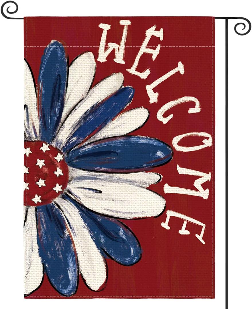 AVOIN colorlife Patriotic 4th of July Garden Flag 12x18 Inch Double Sided Outside, Memorial Day Red Floral Welcome Daisy Yard Outdoor Decoration