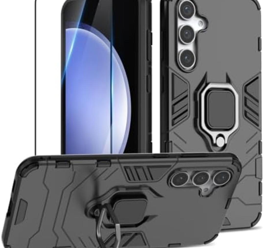 Btstring Case Compatible with Samsung Galaxy S23 FE 5G, with Screen Protector Tempered Glass, Shockproof Phone Case with Stand, Heavy Duty Personalised Case Cover Support Magnetic Car Holder, Black