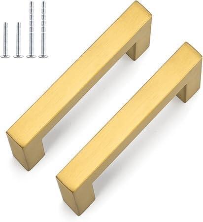 goldenwarm 20 Pack 3 inch Gold Cabinet Pulls Brushed Brass Drawer Handles Modern Square Stainless Steel Hardware Pull for Kitchen Cupboard Dresser (3" Hole Center(76mm))
