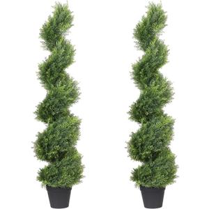THE BLOOM TIMES 4ft Artificial Topiary Trees Set of 2, 48 inch Faux Cedar Cypress Spiral Topiary Trees Outdoor - Fake Plants for Garden Front Porch Indoor Outside Planter Christmas Decor 4 Foot (Cedar Yellow Green)