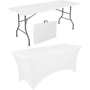 1 Set 6 FT Rectangle Folding Table with Carrying Handle, Lightweight Fold-in-Half Utility Table, with Matching White Stretch Spandex Covers, Ideal for Weddings, Parties, Camping, Banquets, Crafts