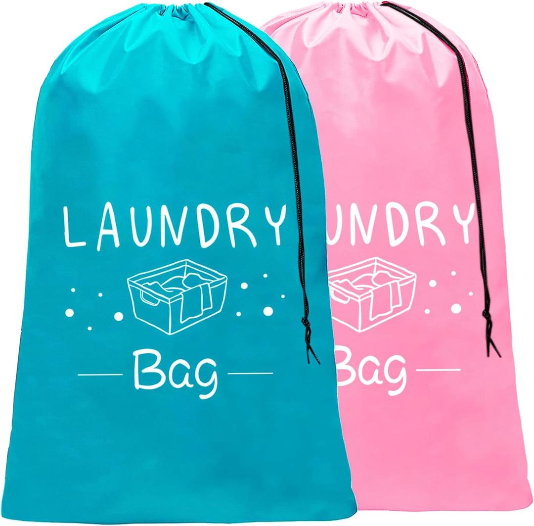 Sylfairy 2 Pack Extra Large Travel Laundry Bag, Dirty Clothes Organizer with Drawstring,Heavy Duty Travel Laundry Bags,Easy Fit a Laundry Hamper Travel Essentials (Pink+Blue, 24" x 36") + Pink Fabric