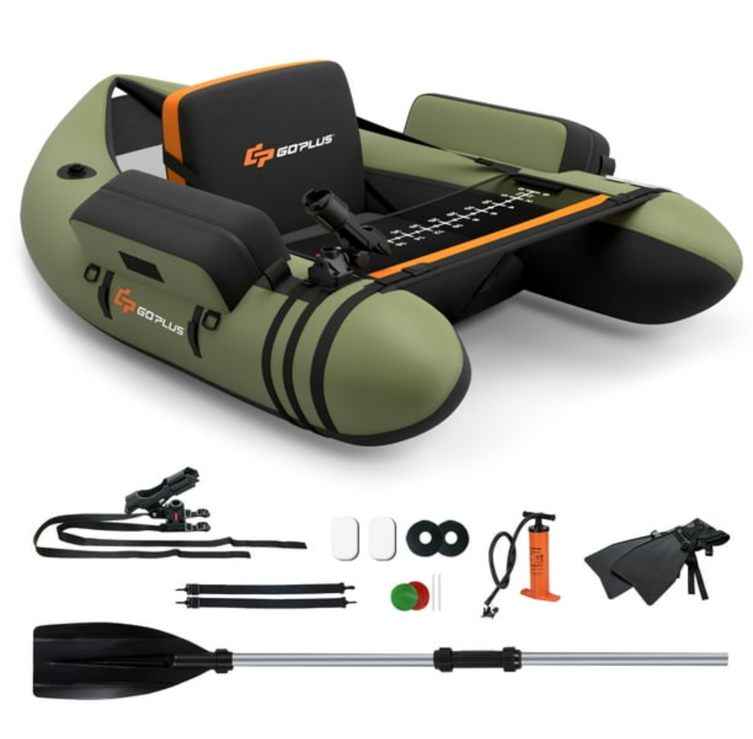 Goplus Inflatable Fishing Float Tube w/Pump & Storage Pockets & Fish Ruler Green