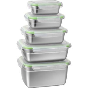 Stainless Steel Storage Containers with Lids | Leak Proof Stackable | Set of 5 Containers for Freezer Fridge Oven Dishwasher Safe