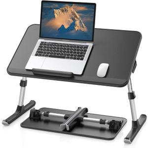 SAIJI Leather Laptop Bed Tray Table, Adjustable Laptop Stand with Removable Stopper, Portable Lap Desks with Foldable Legs, Notebook Stand Breakfast Reading Desk for Sofa Couch((Medium, Black)
