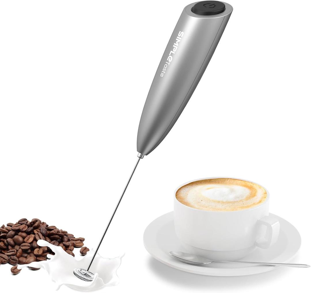 SIMPLETASTE Milk Frother Handheld Electric Foam Maker, Drink Mixer with Stainless Steel Whisk for Cappuccino, Bulletproof Coffee, Latte, Gray, with Stand, Battery Operated