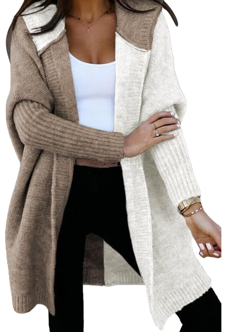 Astylish Women 2025 Fall Outfits Open Front Long Sleeve Hooded Knit Cardigan Sweaters Color Block Outwear Coats Large