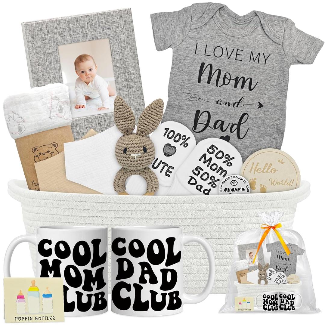 New Parents Gifts for Couples,Newborn Gifts Basket For Gender Reveal & Baby Shower with First Time New Mom and Dad to Be Mugs Set, Woven Gifts Basket For Expecting Parents to Be, New Mom Gift (White)