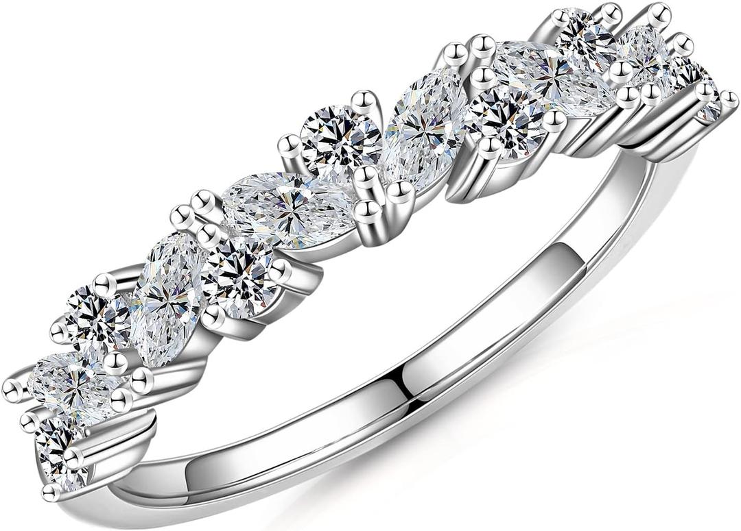 SMILEST Moissanite Wedding Band for Women, Marquise and Round D Color VVS1 Clarity Lab Created Moissanite Band 14K White Yellow Rose Gold Vermeil Vintage Cluster Moissanite Anniversary Band for Women (5#, 14K White Gold-Vermeil)