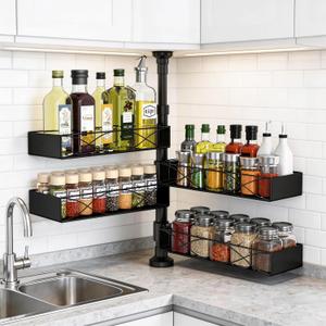 Mixoo Spice Rack Organizer Tension Pole, 4-Tier Adjustable Spice/Seasoning Organizer for Kitchen Countertop, Space-Saving Spice Storage Corner Shelf for Kitchen, Coffee Area, 16.5-23.6 Inch, No Drill