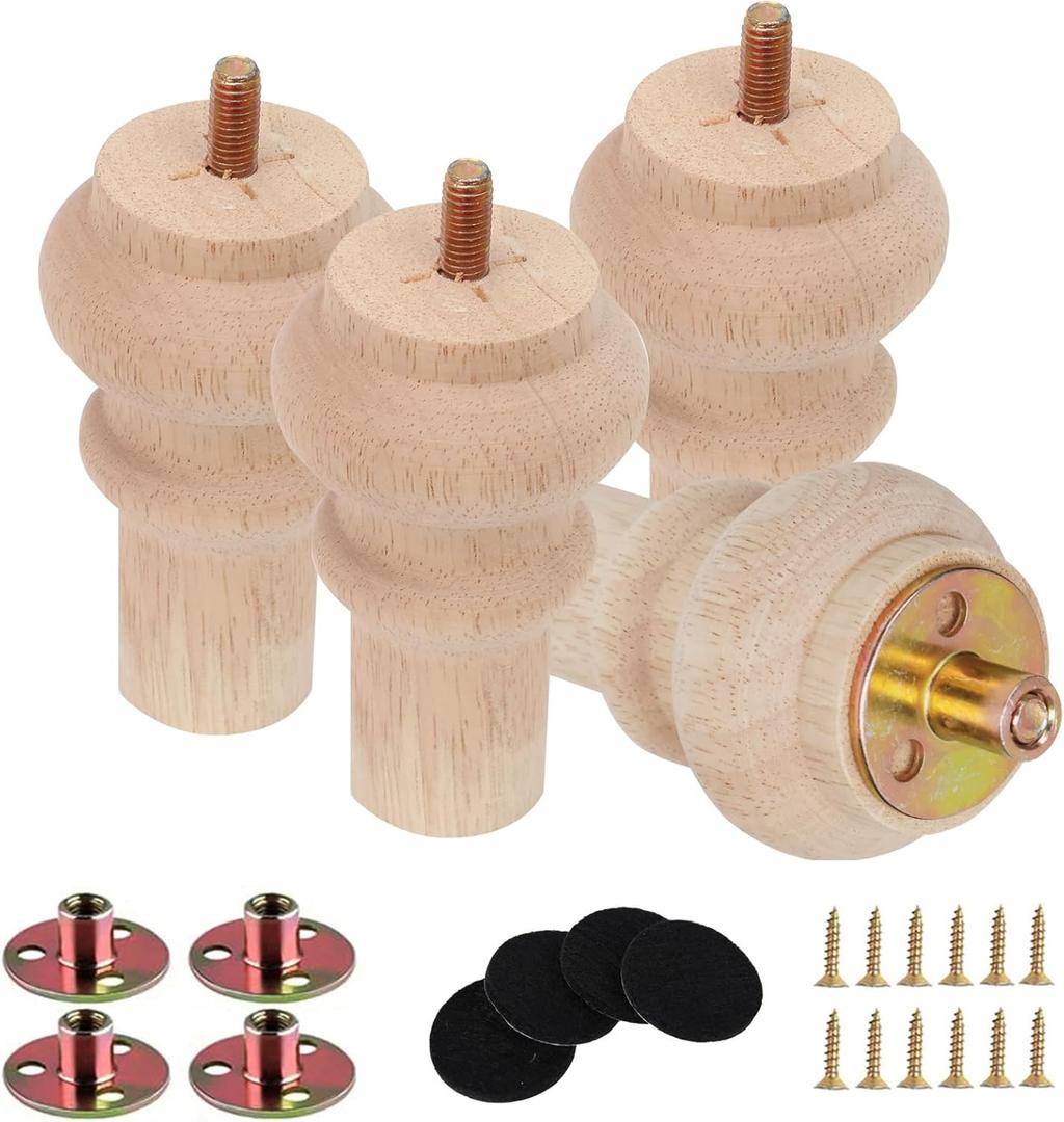 Txcucc 4 Inch Wooden Unfinished Bun Feet for Dresser Legs Couch Sofa Cabinet Ottoman DIY Replacement Wood Furniture Legs Set of 4 M8 Bolt Screw in (4”)