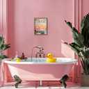 Framed Funny Bathroom Wall Art Decor, Yellow Duck in Pink Bathtub Canvas Wall Decor Painting, Cute Whimsical Animal Poster Print Picture for Girls Bathroom Nursery 12x16 Inch
