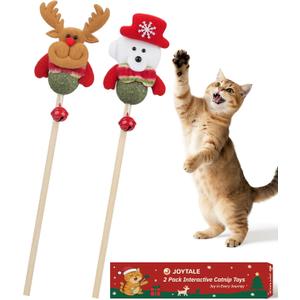 2 x Joytale 2 Pack Christmas Catnip Toys with Bell, Interactive Holiday Cat Wands Set, Catnip Toys for Indoor Cats Kittens for Chew and Relief, Snowman & Reindeer Design