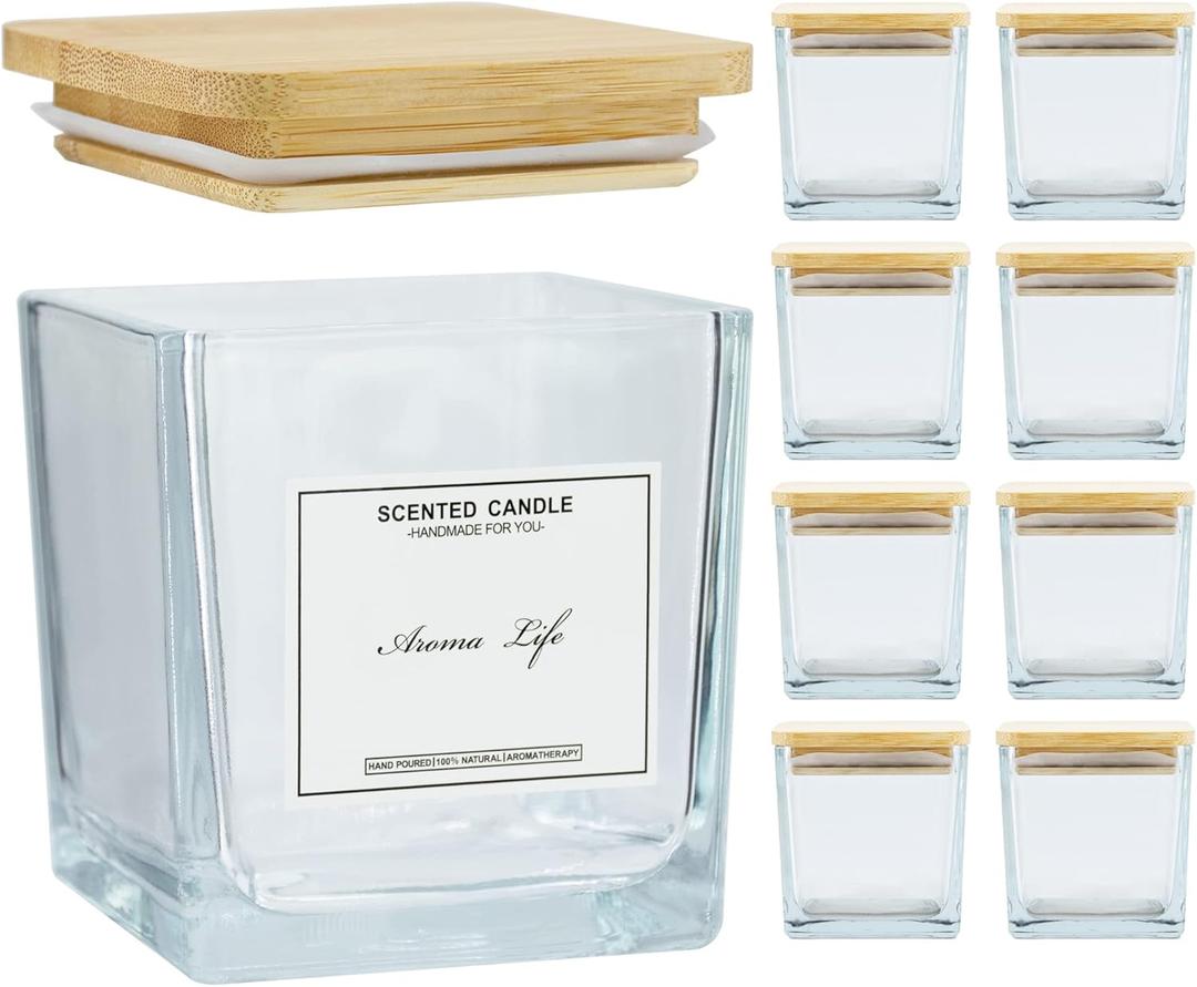Creahaus 9-Pack Thick Glass Square Candle Jars with Bamboo Lids - 10oz Capacity with Warning Labels - DIY Candle Vessels